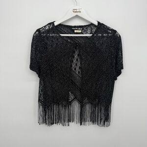 Sharade of California Vintage Black Fringe Overlay Metallic Top Size 8